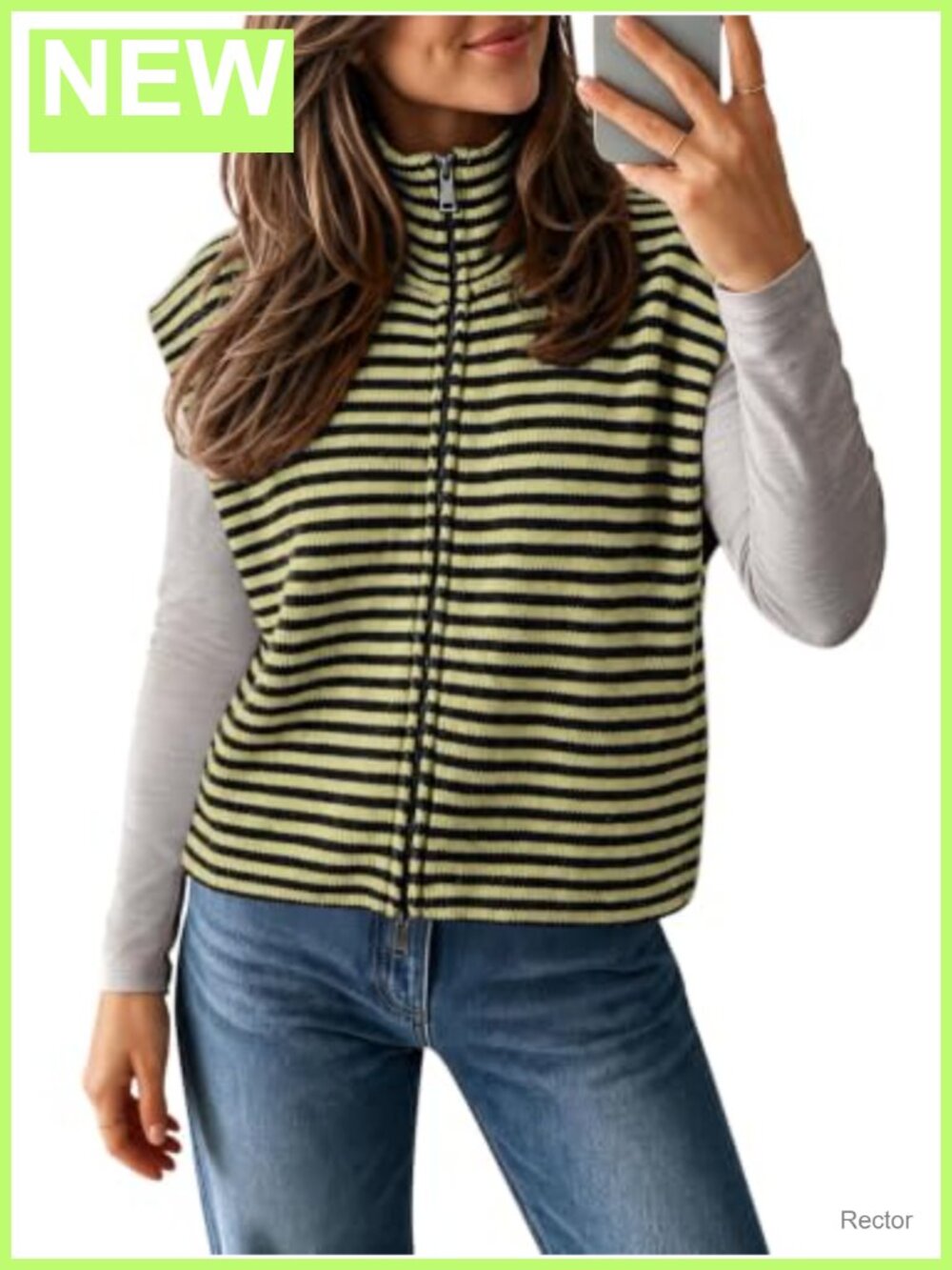 Striped Zip Up Knit Sweater Vest Cap Sleeve Mock Neck Loose Fit
